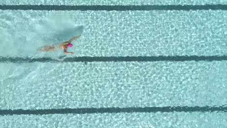 overhead-drone-footage-of-a-female-swimmer-diving-into-an-outdoor-pool-and-swimming-laps-as-part-of-her-triathlon-training