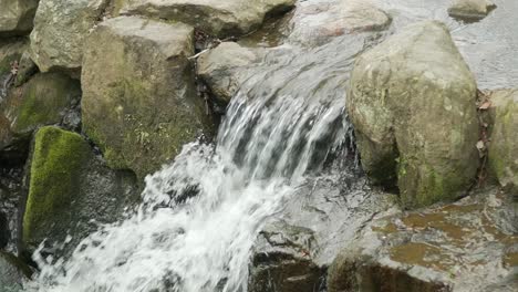 Corriente-De-Agua-Clara-Y-Limpia-Que-Fluye-Sobre-Las-Rocas-Cubiertas-De-Musgo-En-El-Parque-Nara
