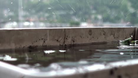 Slow-Motion-of-water-drops-falling-into-a-flooded-flower-box-during-raining-with-small-waves-on-the-water-surface-on-a-balcony-and-houses-in-the-blurred-background