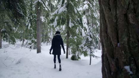 Female-hiker-walks-through-winter-forest-in-the-snow,-rear-view,-British-Columbia