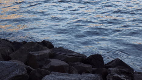 Water-waves-and-ripples-near-man-made-rocky-coastline,-USA,-slow-motion