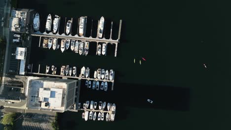 Top-down-aerial-view-of-Lake-Union-on-a-warm-summer-day