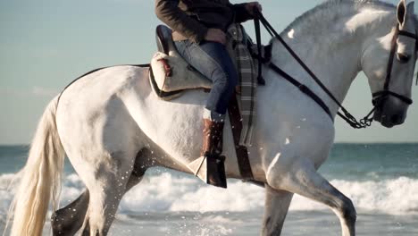 White-caucasian-men-horseback-riding-on-two-white-horses-on-a-beach-with-sea-water-splashing-as-they-gallop-through-seawater,-side-view-closeup-in-cinematic-slow-motion