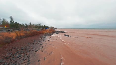 A-storm-on-Lake-Superior-at-Minnesota-blowing-waves-into-the-shoreline