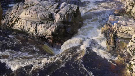 Close-up-of-strong-river-current,-water-flowing-between-rocks-creating-splashes