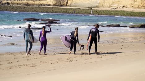 Medium-handheld-shot-of-surfers-walking-with-their-surfboards-and-surf-suits-over-a-beautiful-sandy-beach-during-calm-waves-in-the-sea