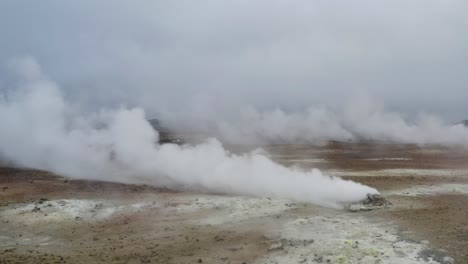 Aerial-view-showing-hot-boiling-fumes-rising-into-sky-at-Hverir-geothermal-area-near-lake-Mývatn