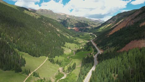 Drone-Shot-of-Million-Dollar-Highway-and-Green-Landscape-of-Colorado-Countryside-USA-on-Sunny-Summer-Day