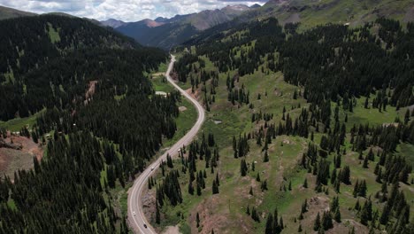 Aerial-View-of-Million-Dollar-Highway,-Scenic-Route-in-Colorado-USA,-Mountain-Road-and-Landscape