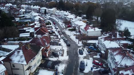 Aerial-view-icy-and-slippery-roads-in-suburban-London,-United-Kingdom