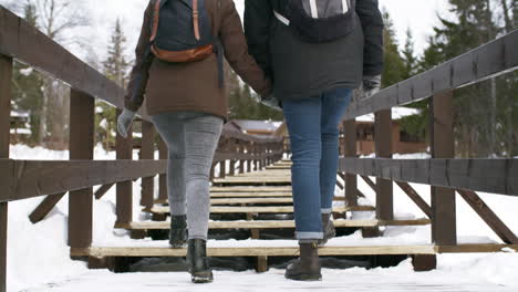 Couple-holding-hands-and-walking-through-a-wooden-stair-in-the-outdoors-in-a-winter-scene-full-of-snow,-winter-vacation-concept
