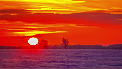 Bright-colorful,-orange-and-crimson-sunrise-over-snow-on-a-winter-farmland-field---time-lapse