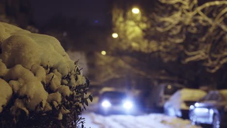 Car-headlights-approaching-in-dark-winter-evening,-criminal-getaway