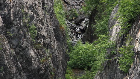 Waterfall-Flows-Down-Ravine-with-Green-Brush-in-Alaska