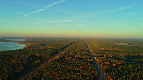 Aerial-view-of-scenic-flat,-long,-straight-road-between-trees