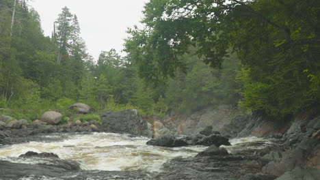 Tight-shot-of-the-Batchawana-River-flowing-toward-a-waterfall,-near-the-shore-of-Lake-Superior-in-Ontario,-Canada
