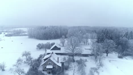 Aerial-drone-flight-over-farm-house-near-forest-during-white-snowy-winter-fields-during-cloudy-day