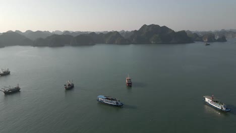 Aerial-reveals-tour-boats-and-fishing-boats-moored-in-Ha-Long-Bay