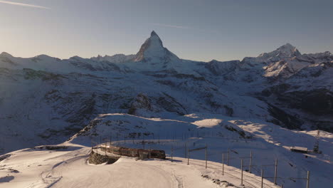Aerial-shot-in-Switzerland-in-the-town-of-Zermatt-with-the-Matterhorn-mountain