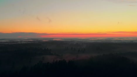 Bird's-aerial-view-of-vast-forest-flat-land-landscape-at-orange-sunset
