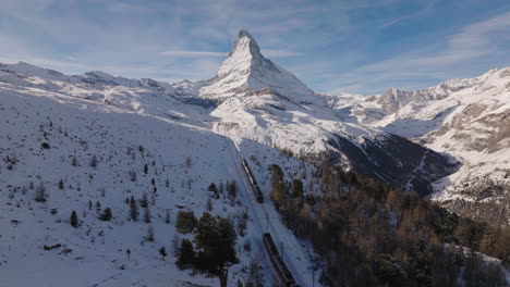 Aerial-shot-in-Switzerland-in-the-town-of-Zermatt-with-the-Matterhorn-mountain