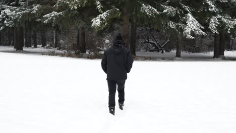 Hombre-Con-Abrigo-Negro-Alejándose-De-La-Cámara-En-Un-Bosque-Blanco-De-Invierno-Cubierto-De-Nieve