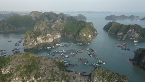 Floating-fish-farms-in-Ha-Long-Bay-islands,-Vietnam,-high-aerial