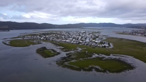 Aerial-view-of-Thesen-Island-located-in-Knysna-lagoon,-Garden-Route