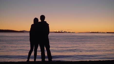 Couple-Silhouette-at-Beach-in-Beautiful-Sunset-With-Flock-of-Ducks-in-Background