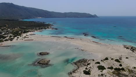 Ocean-lagoon-at-Elafonissi-Beach-in-Crete-Greece-panorama,-Aerial-dolly-zoom-out-shot