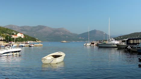 Peaceful-view-of-a-small-boats-in-a-cove-on-a-clear,-sunny-day-with-hills-in-the-distance