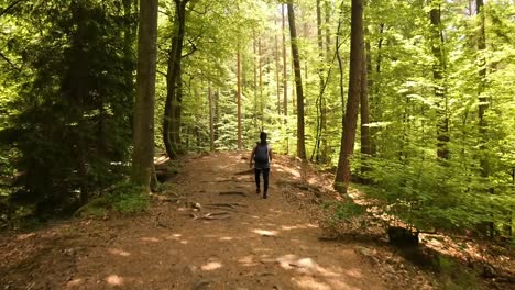 Young-Woman-walking-on-a-Hiking-Trail-at-the-Devil's-Table-in-the-Palatinate-Forest,-Germany