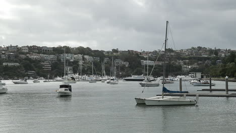 Sailboats-moored-in-bay-of-seaside-town-on-cloudy-day,-medium-shot