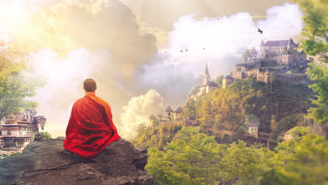 A-person-or-monk-sitting-on-hill-mountain-and-meditating-in-serene-nature-as-birds-and-clouds-fly-by
