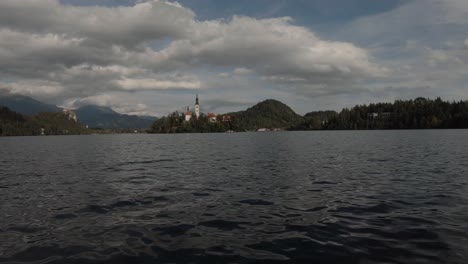 Steady-camera-shot-of-Bled-island-in-Lake-Bled-in-Slovenia