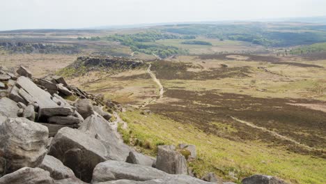 Time-Lapse-view-from-Stanage-Edge,-walkers-climbing-the-famous-landmark