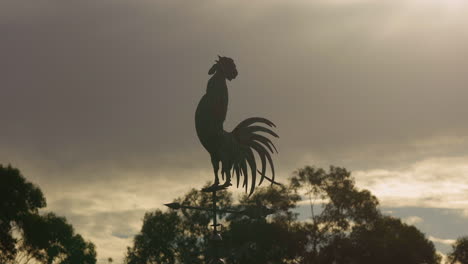 Rooster-shaped-wind-vane-at-dusk-dawn,-low-angle