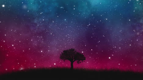Video-De-Un-árbol-En-Plano-Astral-O-En-Galaxia-Con-Estrellas-U-Objetos-Celestiales-Volando-En-El-Fondo