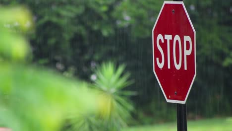Stop-Sign-In-The-Rain-As-Car-Passes-By