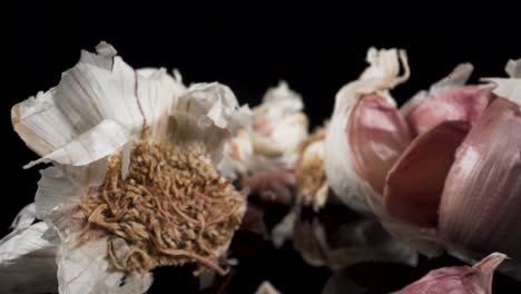 Moving-macro-view-past-garlic-cloves-and-garlic-bulbs-on-black-glass-and-black-background,-amazing-closeup-footage