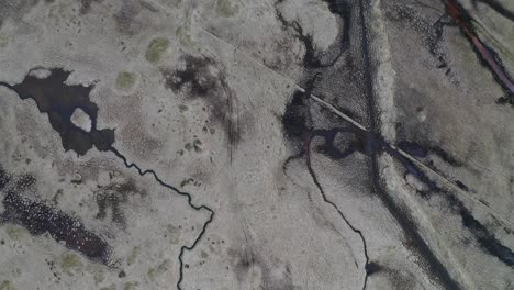 Birdseye-view-looking-straight-down-at-rough,-dry-marshland-in-Iceland