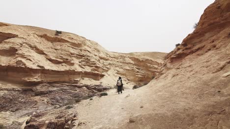 Chica-Aventurera-Caminando-En-Un-Desierto-árido,-Valle,-Israel,-Día-Nublado,-Tiro-De-Viaje