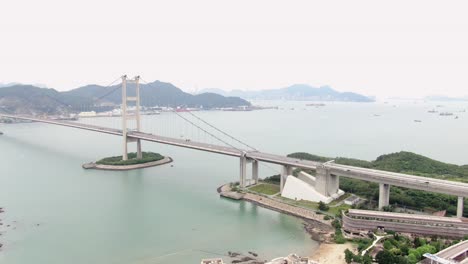 Pan-right-aerial-view-of-Hong-Kong-bay-and-Bridges