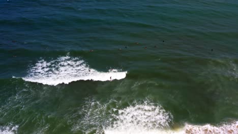 Aerial-drone-shot-of-experienced-surfers-catching-waves-at-the-famous-beach-Praia-do-Amor-near-the-tropical-tourist-city-of-Pipa-in-Northern-Brazil-on-a-warm-sunny-summer-day