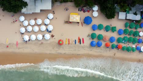 Gorgeous-rising-aerial-drone-bird's-eye-top-view-of-colorful-kayaks-to-rent-sitting-on-the-sand-in-the-tropical-beach-Praia-do-Madeiro-with-colorful-umbrellas-and-clear-blue-water-near-Pipa-in-Brazil