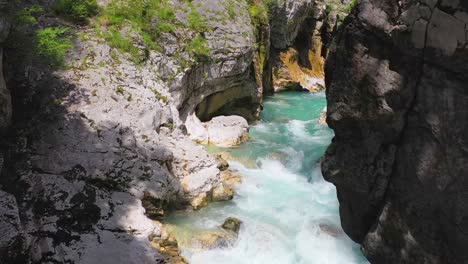 Striking-Soca-turquoise-hidden-river-Slovenia-flowing-aerial