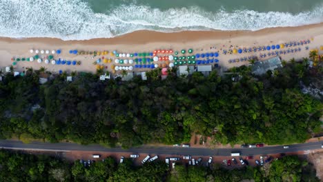 Bird's-eye-top-aerial-drone-view-of-a-small-road-surrounded-by-topical-trees-and-parked-cars-with-the-beach-of-Praia-do-Madeiro-near-Pipa-with-tourists,-umbrellas-and-golden-sand-in-Northern-Brazil