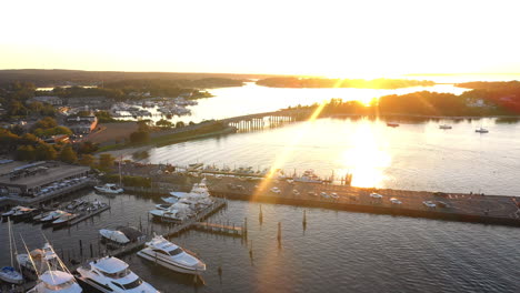 Aerial-Flyover-Of-Beautiful-Sag-Harbor-In-The-Hamptons-At-Sunset