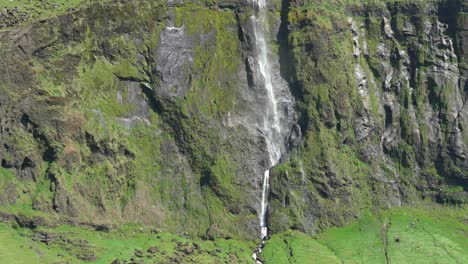 Telephoto-lens-zooming-in-on-Drifandi-waterfalls-from-across-an-open-green-grass-prairie-in-Iceland