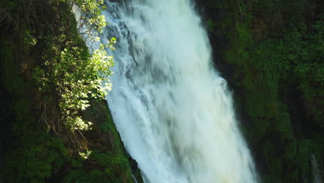 Burney-waterfall-flowing-through-the-hill,-sun-illuminating-on-tree,-close-up-shot